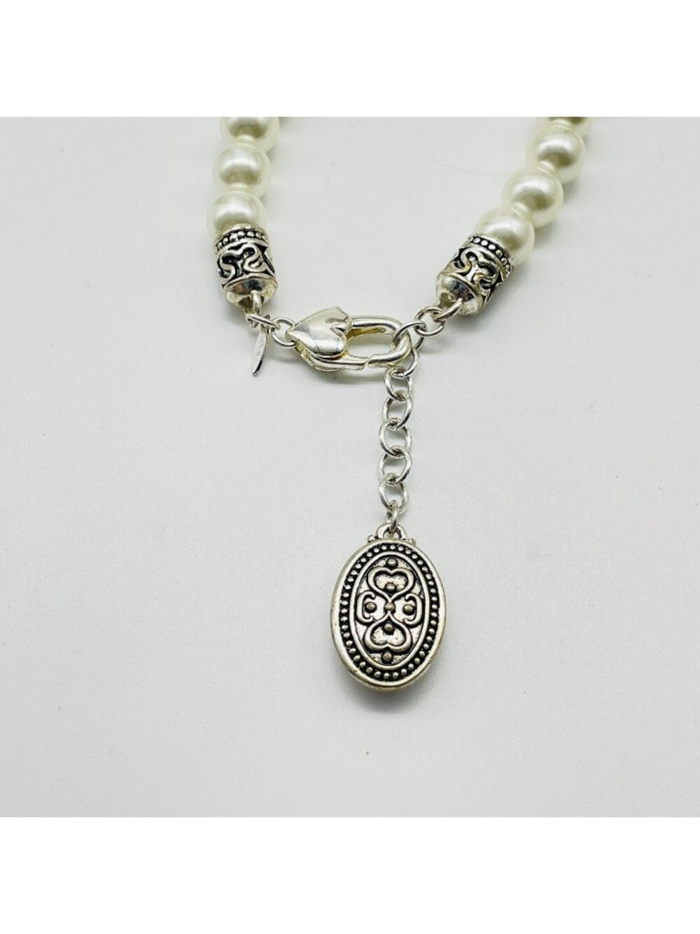 Signed AVON Bracelet Faux Pearl Bead Silver Tone Oval Charm Dangle Bridal Formal